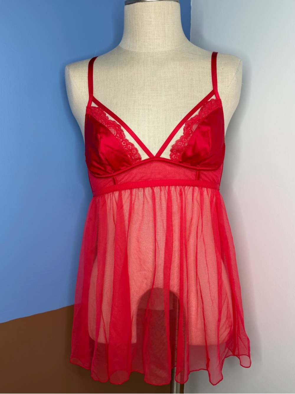 Victoria's Secret Sheer Mesh‎ Lingerie Babydoll Nightie Size Medium Red